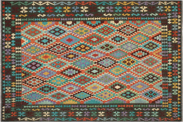 Flat Weave Kilim, Antique, Navaho, Vintage, Handmade, Geometric Kilim Rust Green Hand-Woven Rectangle 100% Wool Area Rug 8 x 10